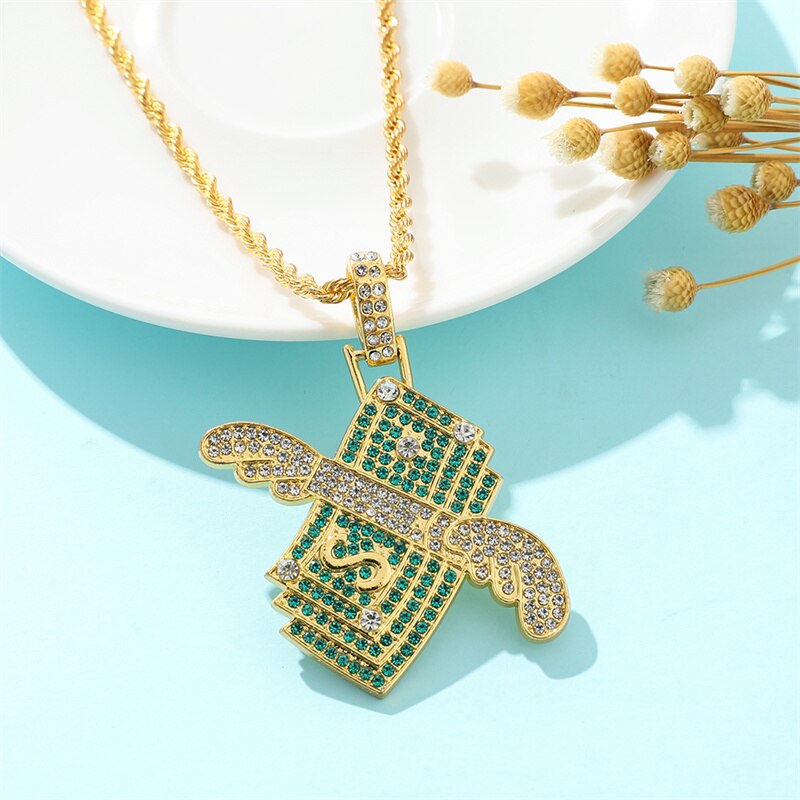 Flying Money Necklace Wings Cash Pendant Men's Jewelry Punk Hip Hop Rock Style Rap Dancer Handsome Guy Accessories Cool Gifts