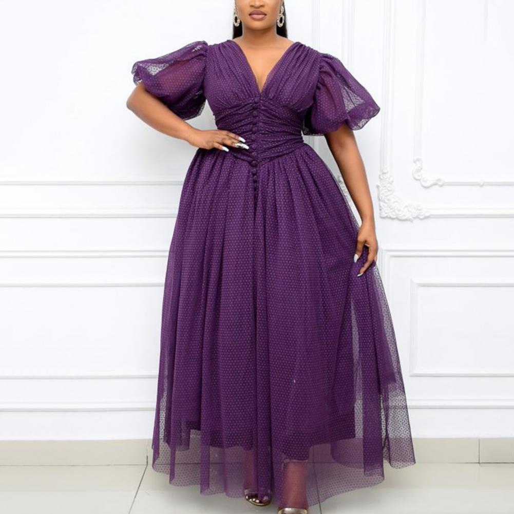 Hot Sale New African Dress Mesh Patchwork V Neck Women Solid Color Large Hem Waist Tied Formal Dress for Wedding Plus Size 2021