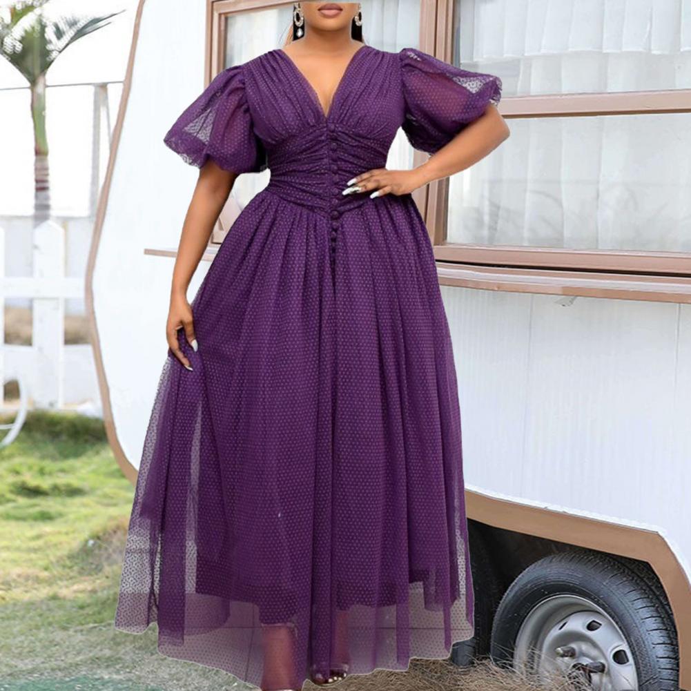 Hot Sale New African Dress Mesh Patchwork V Neck Women Solid Color Large Hem Waist Tied Formal Dress for Wedding Plus Size 2021