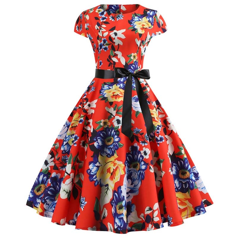 Women Vintage Dress Summer Floral Print Short Sleeve Dresses 50s 60s Office Party Rockabilly Swing Retro Pinup Plus Size