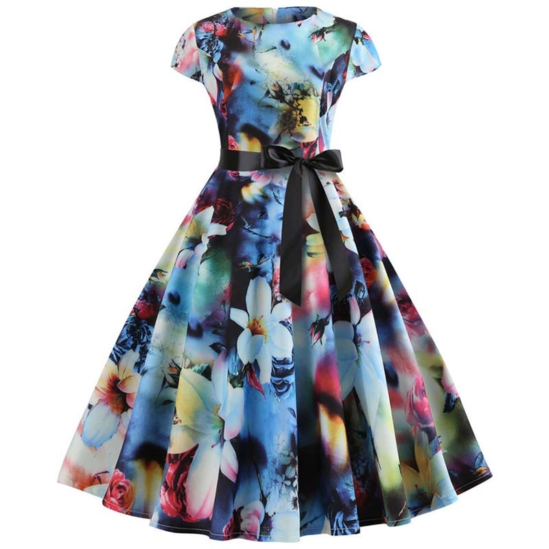 Women Vintage Dress Summer Floral Print Short Sleeve Dresses 50s 60s Office Party Rockabilly Swing Retro Pinup Plus Size