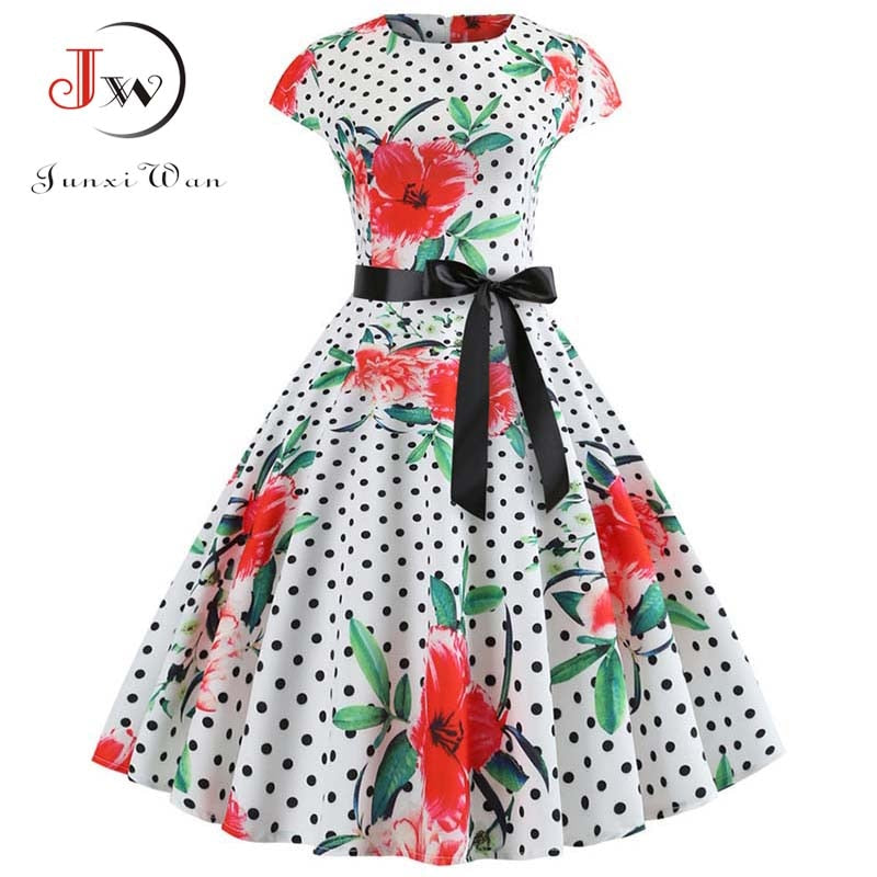 Women Vintage Dress Summer Floral Print Short Sleeve Dresses 50s 60s Office Party Rockabilly Swing Retro Pinup Plus Size