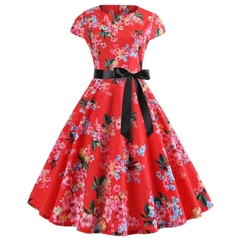 Women Vintage Dress Summer Floral Print Short Sleeve Dresses 50s 60s Office Party Rockabilly Swing Retro Pinup Plus Size