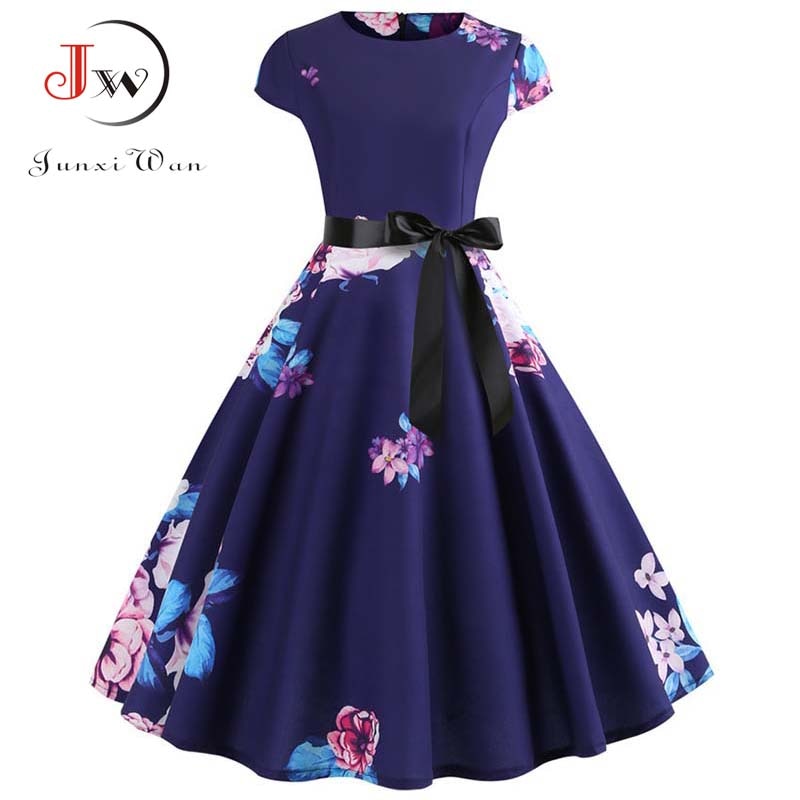 Women Vintage Dress Summer Floral Print Short Sleeve Dresses 50s 60s Office Party Rockabilly Swing Retro Pinup Plus Size