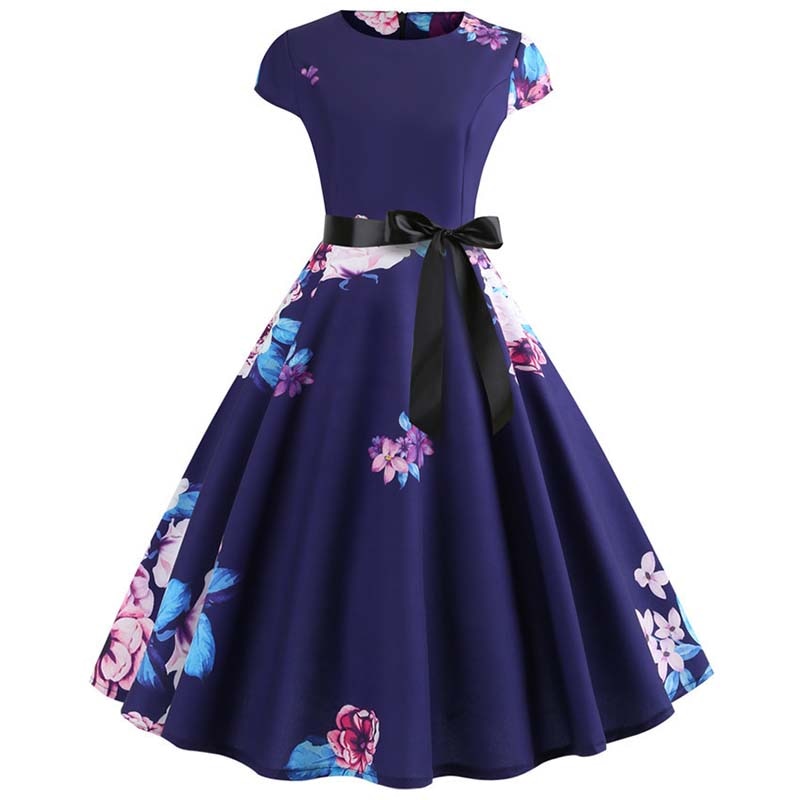 Women Vintage Dress Summer Floral Print Short Sleeve Dresses 50s 60s Office Party Rockabilly Swing Retro Pinup Plus Size