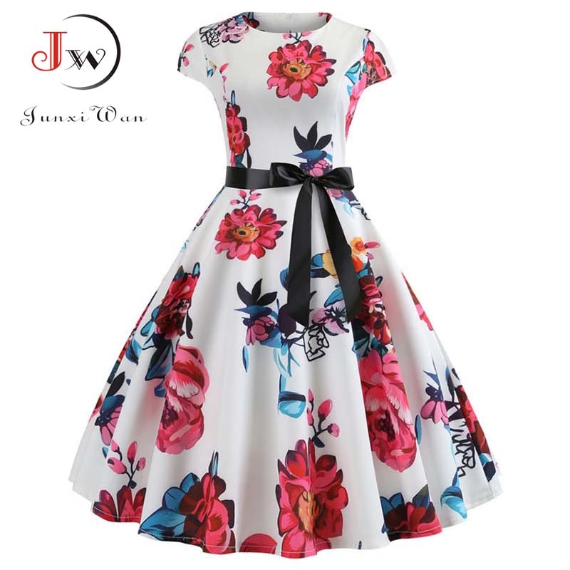 Women Vintage Dress Summer Floral Print Short Sleeve Dresses 50s 60s Office Party Rockabilly Swing Retro Pinup Plus Size