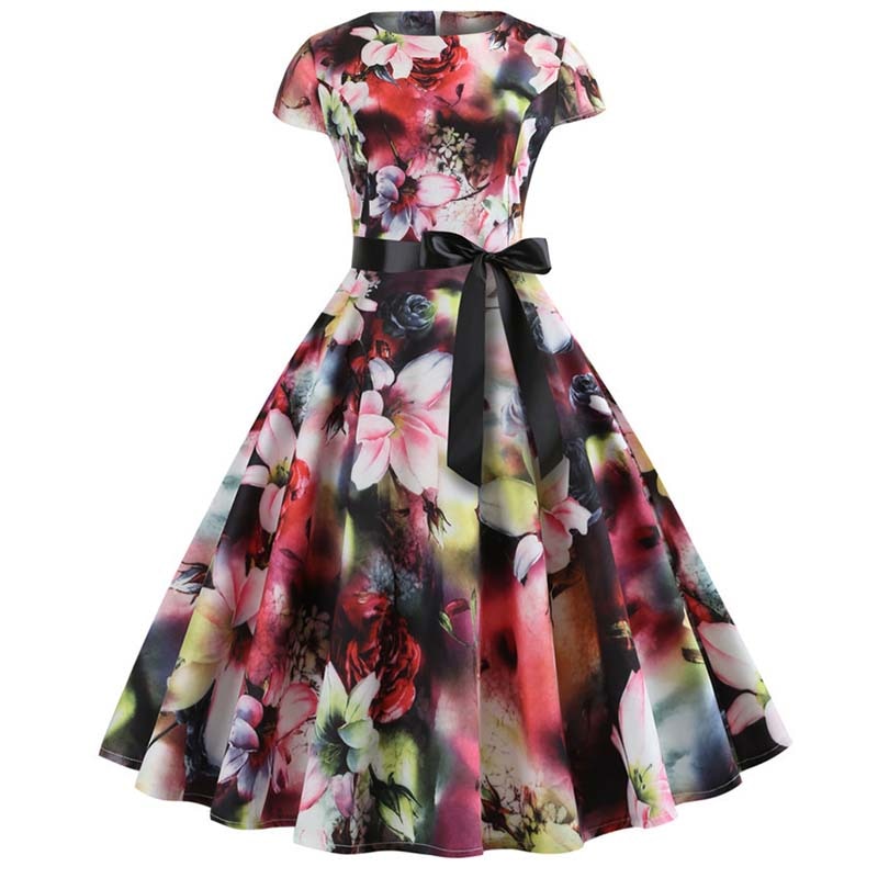 Women Vintage Dress Summer Floral Print Short Sleeve Dresses 50s 60s Office Party Rockabilly Swing Retro Pinup Plus Size