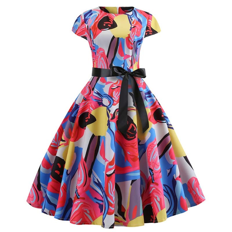 Women Vintage Dress Summer Floral Print Short Sleeve Dresses 50s 60s Office Party Rockabilly Swing Retro Pinup Plus Size