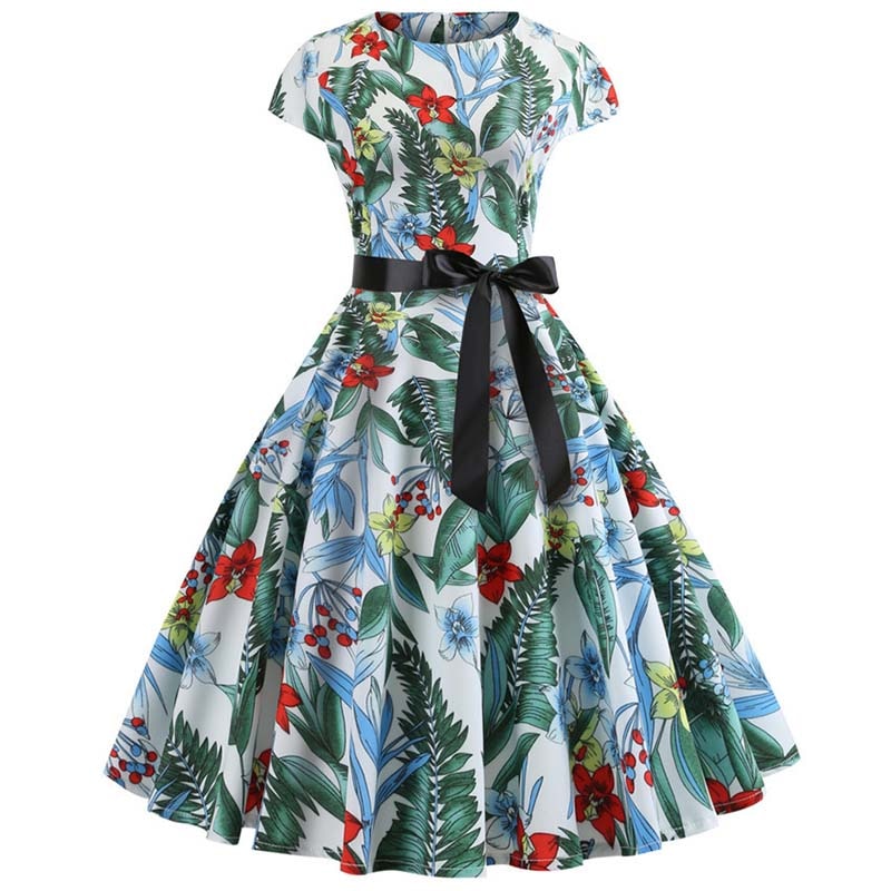 Women Vintage Dress Summer Floral Print Short Sleeve Dresses 50s 60s Office Party Rockabilly Swing Retro Pinup Plus Size