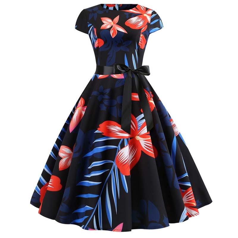 Women Vintage Dress Summer Floral Print Short Sleeve Dresses 50s 60s Office Party Rockabilly Swing Retro Pinup Plus Size
