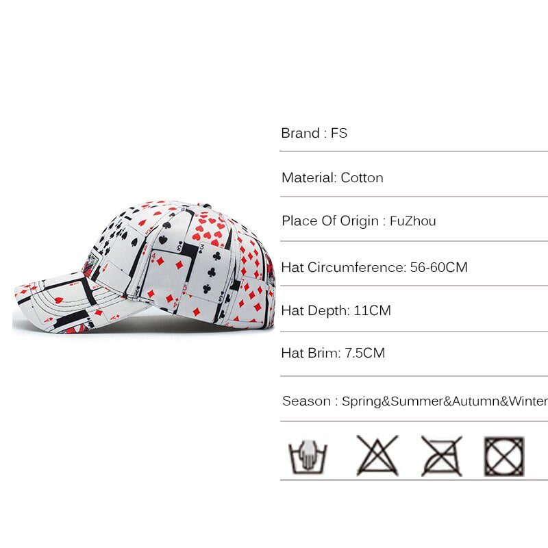 FS 2022 Vintage White Poker Print Baseball Caps For Men Women Brand Snapback Designer Cap Streetwear Bone Trucker Hat Casquette
