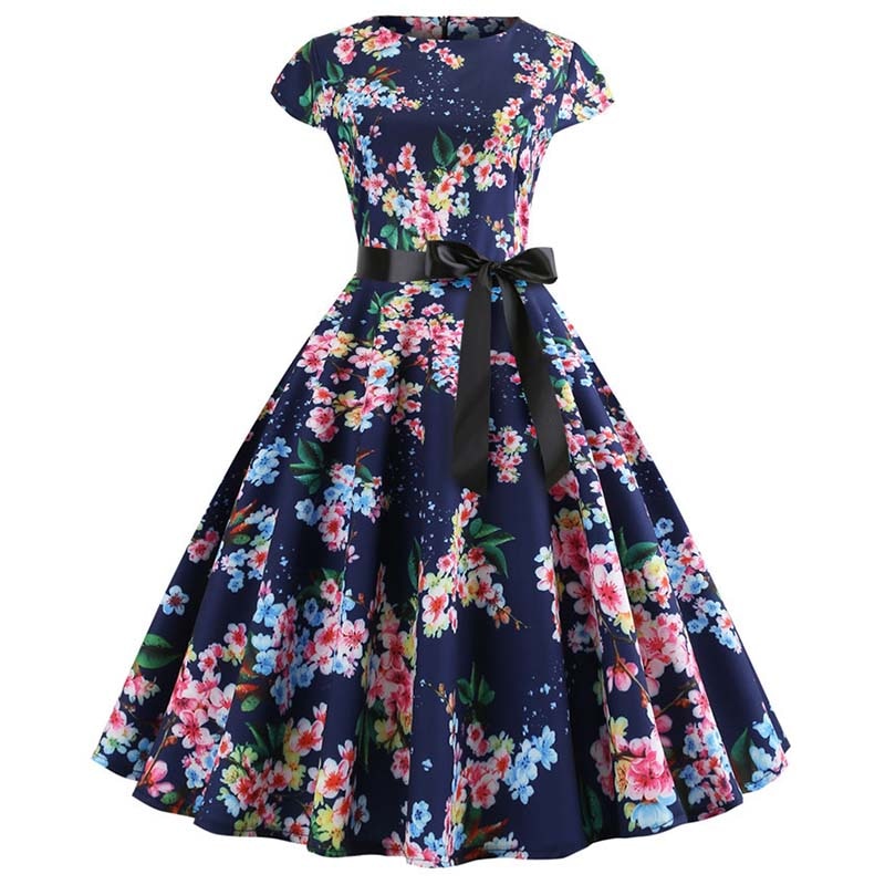 Women Vintage Dress Summer Floral Print Short Sleeve Dresses 50s 60s Office Party Rockabilly Swing Retro Pinup Plus Size