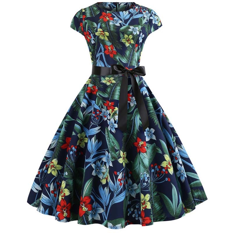 Women Vintage Dress Summer Floral Print Short Sleeve Dresses 50s 60s Office Party Rockabilly Swing Retro Pinup Plus Size