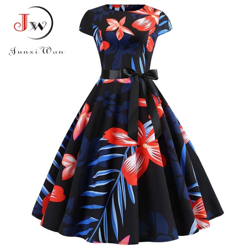 Women Vintage Dress Summer Floral Print Short Sleeve Dresses 50s 60s Office Party Rockabilly Swing Retro Pinup Plus Size