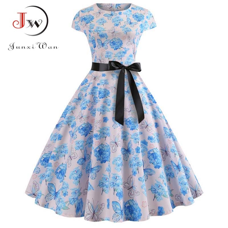 Women Vintage Dress Summer Floral Print Short Sleeve Dresses 50s 60s Office Party Rockabilly Swing Retro Pinup Plus Size