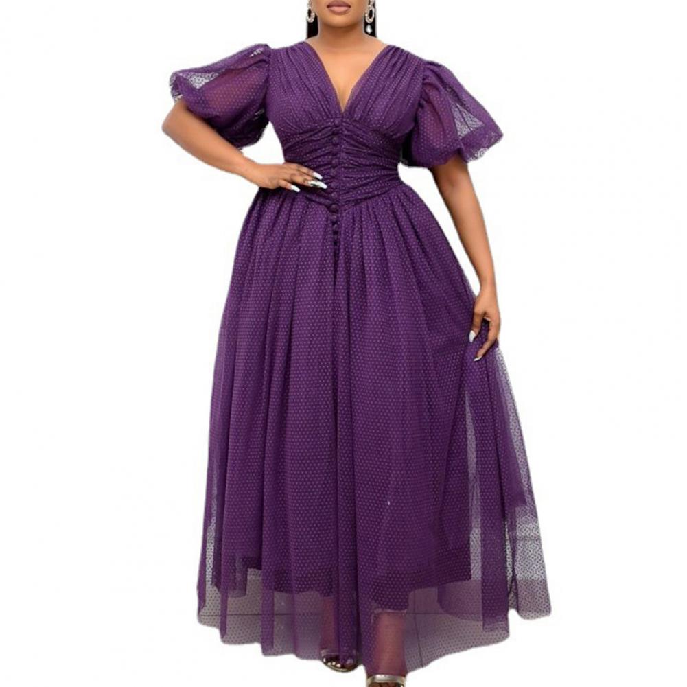 Hot Sale New African Dress Mesh Patchwork V Neck Women Solid Color Large Hem Waist Tied Formal Dress for Wedding Plus Size 2021