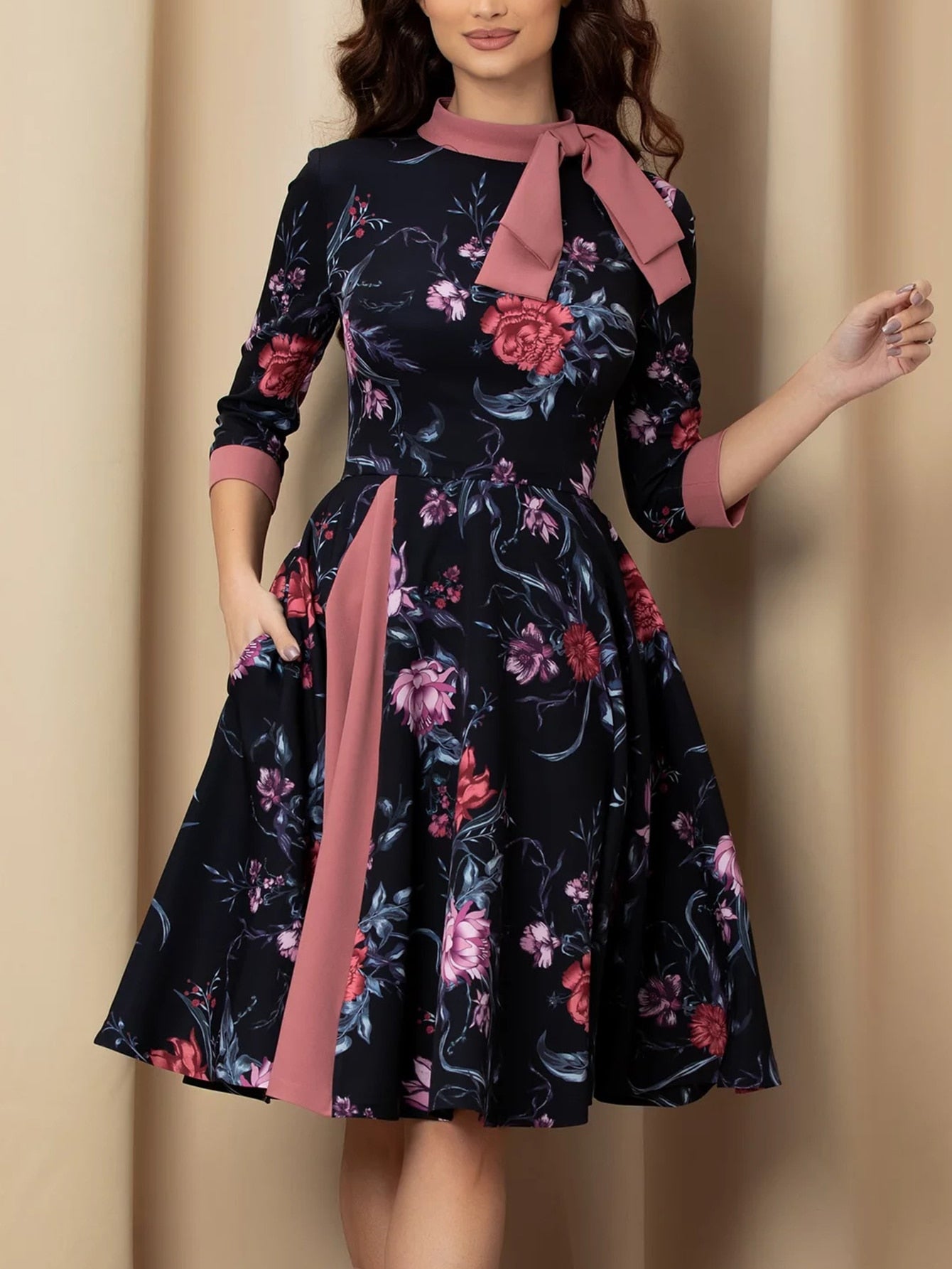 S.FLAVOR Vintage Floral Printed O-neck A-line Dresses Patchwork Style 3/4 Sleeve Retro Vestidos De With Bow 2022 Autumn