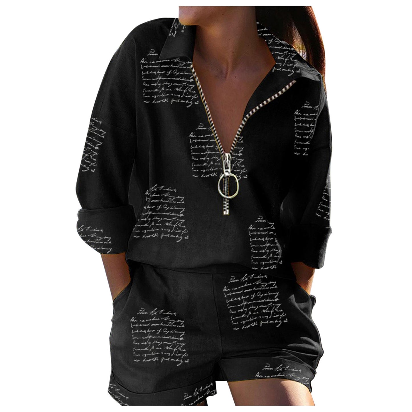 Long Sleeve Shirt & Pocket Design Shorts Set Women's 2-piece Set