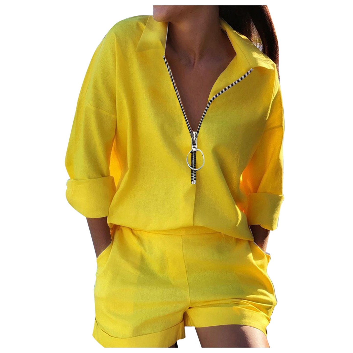 Long Sleeve Shirt & Pocket Design Shorts Set Women's 2-piece Set