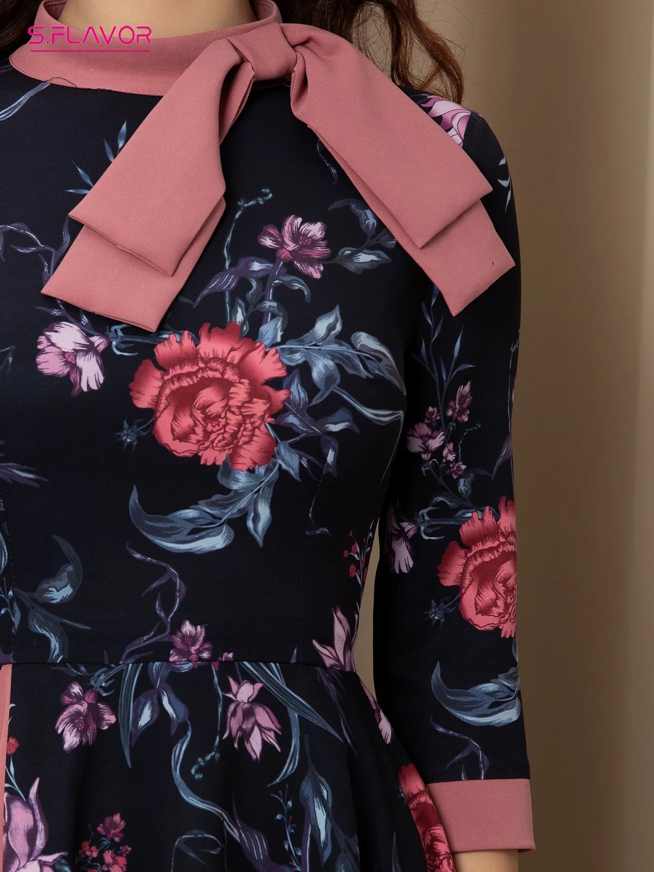 S.FLAVOR Vintage Floral Printed O-neck A-line Dresses Patchwork Style 3/4 Sleeve Retro Vestidos De With Bow 2022 Autumn