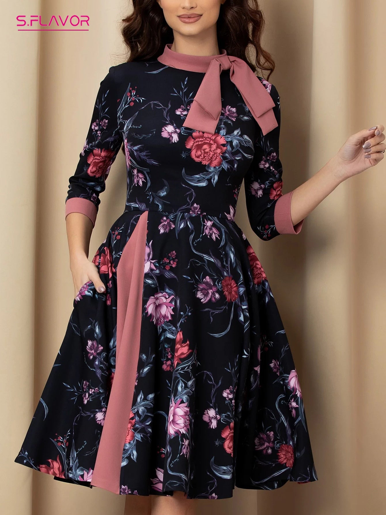 S.FLAVOR Vintage Floral Printed O-neck A-line Dresses Patchwork Style 3/4 Sleeve Retro Vestidos De With Bow 2022 Autumn