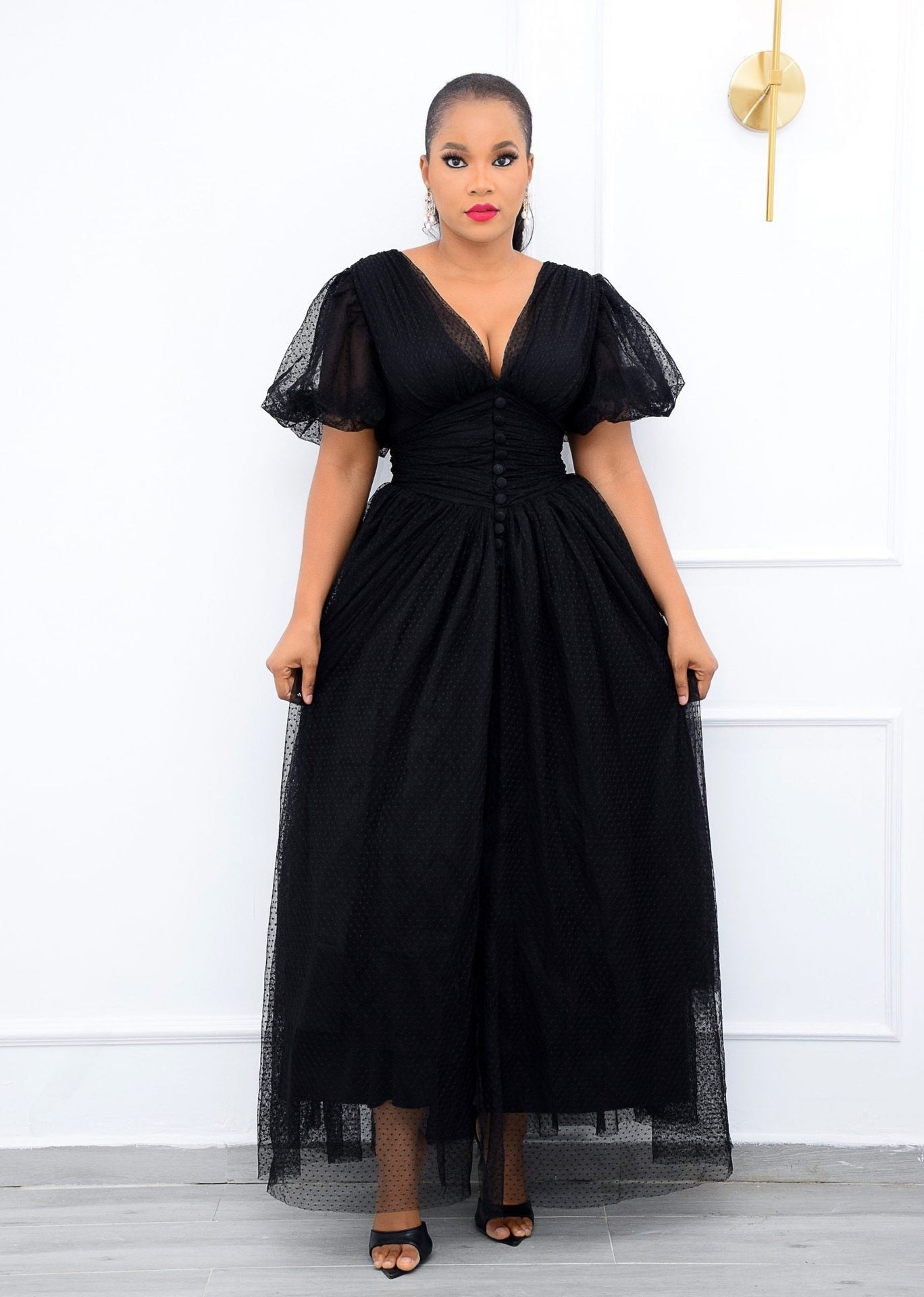 Hot Sale New African Dress Mesh Patchwork V Neck Women Solid Color Large Hem Waist Tied Formal Dress for Wedding Plus Size 2021
