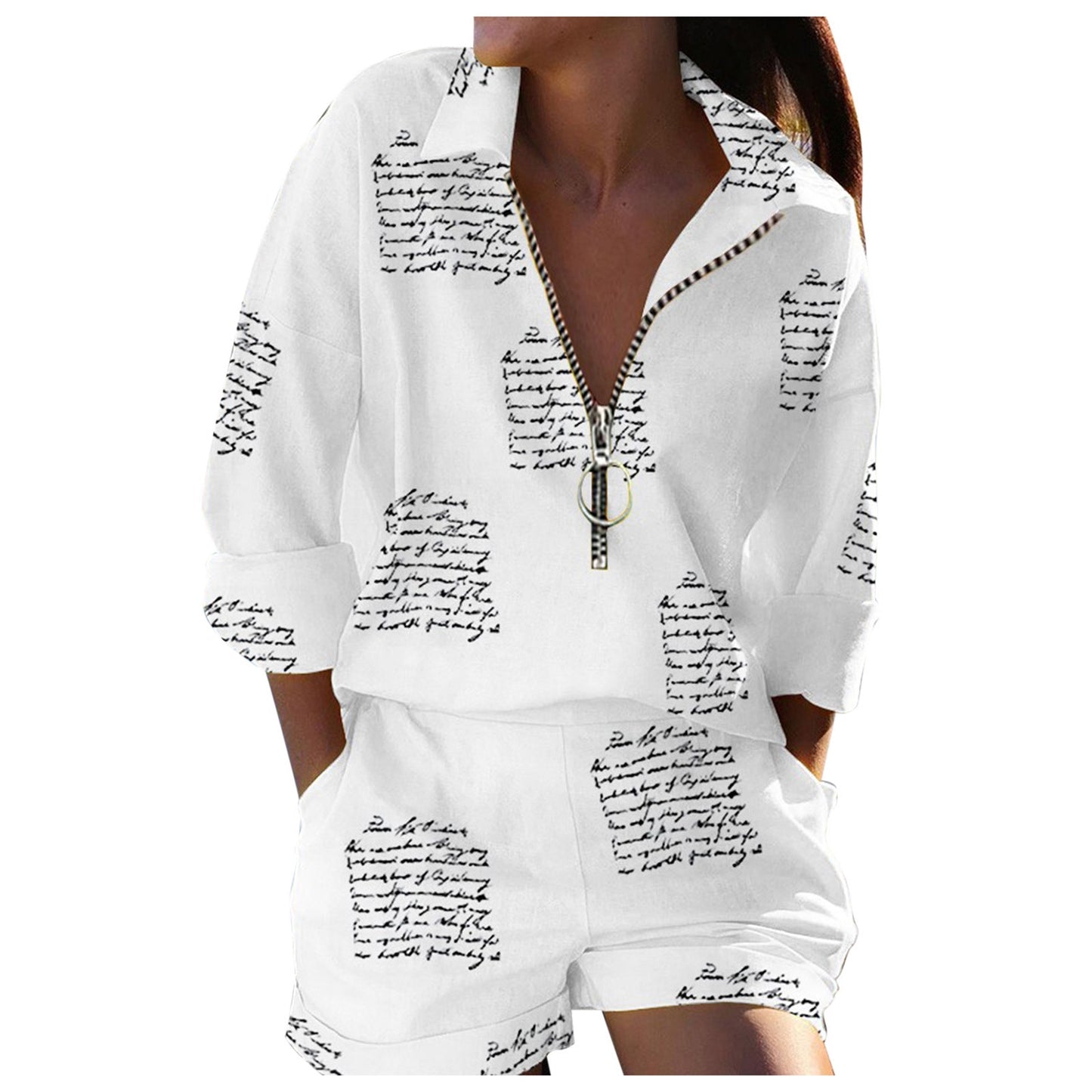 Long Sleeve Shirt & Pocket Design Shorts Set Women's 2-piece Set