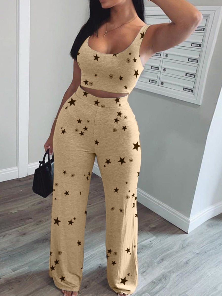 Women Two Piece Set Star Print Crop Short Tank & Long Pants Suits O-neck Crop Top Sweatpants Women's Clothing Summer 2022