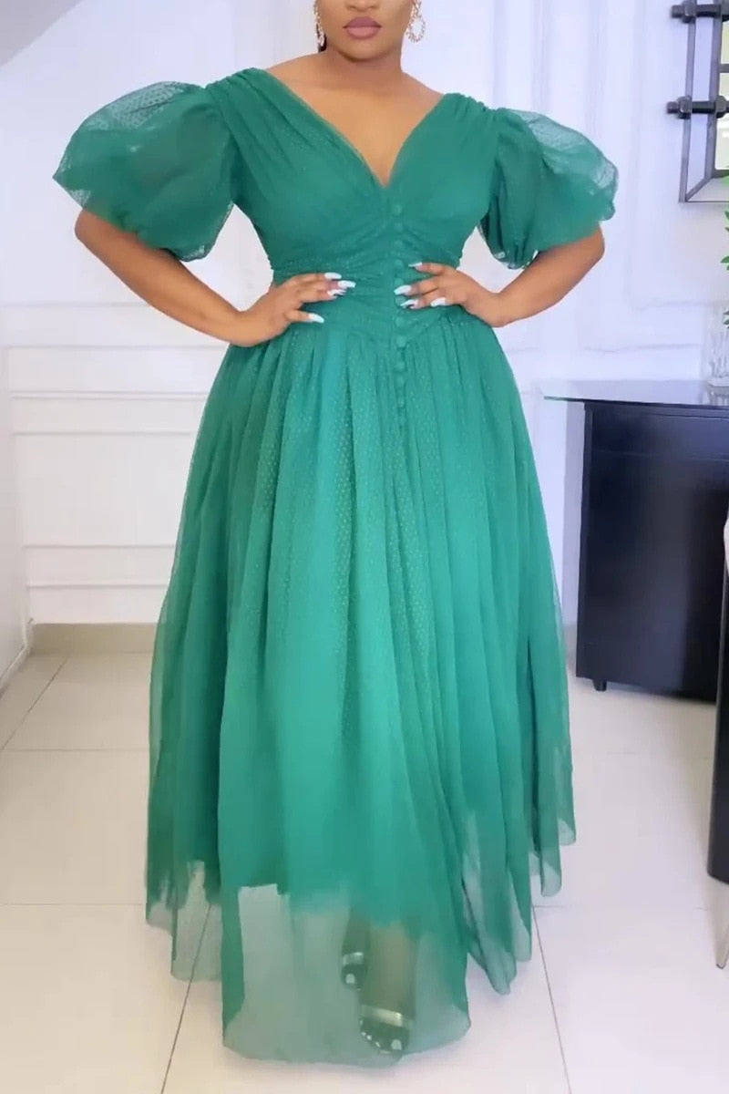 Hot Sale New African Dress Mesh Patchwork V Neck Women Solid Color Large Hem Waist Tied Formal Dress for Wedding Plus Size 2021