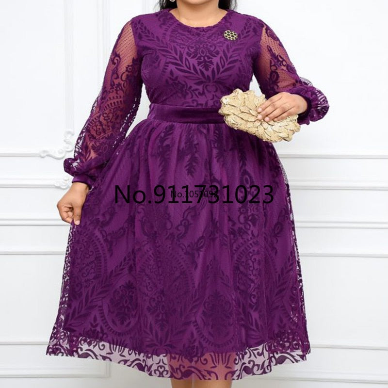 Women Classy Dress Long Sleeve Summer See Through Velvet Print Patchwork Retro Dress Vintage Plus Size Party Birthday Outfits