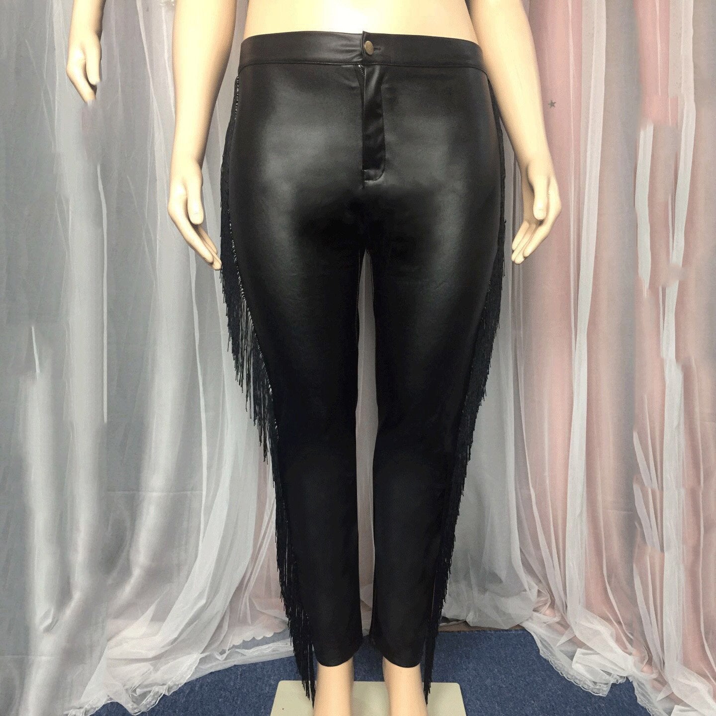 2021 New Fashion Women PU Pants Black Burgundy Tassel High Waisted Bodycon Sexy For Night Club Trousers 4XL 5XL Big Size Pants