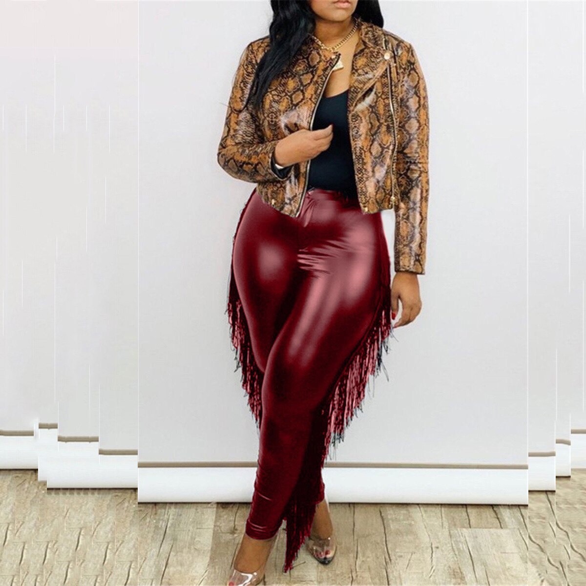 2021 New Fashion Women PU Pants Black Burgundy Tassel High Waisted Bodycon Sexy For Night Club Trousers 4XL 5XL Big Size Pants
