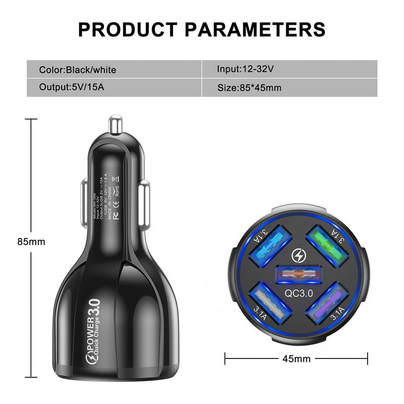 USLION 5 Port Fast Charging Car USB Charger For Xiaomi redmi note 10 pro Quick Charge 3.0 15A Charger Mobile Phone Charge in Car