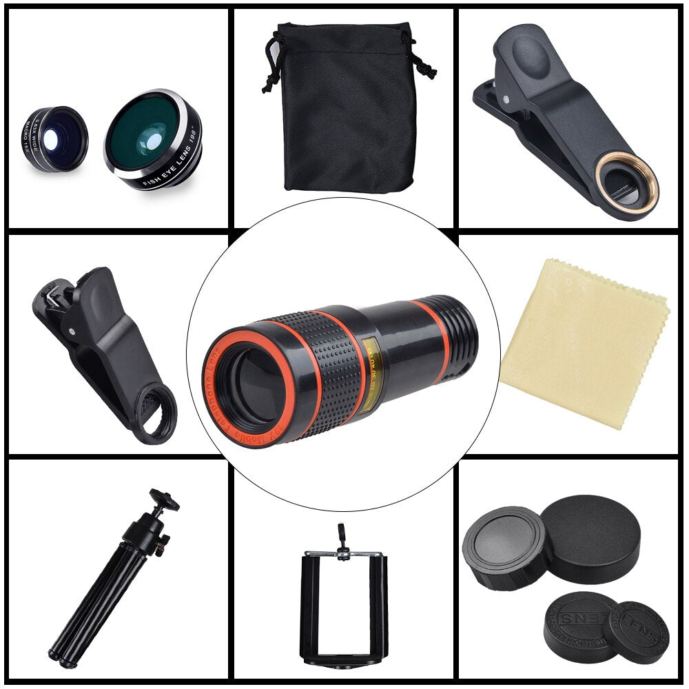 APEXEL 6 in 1 tripod 12X Zoom Telescope Fisheye Wide Angel Macro Lens Kit For All smartphone For iPhone Samsung Redmi Huawei