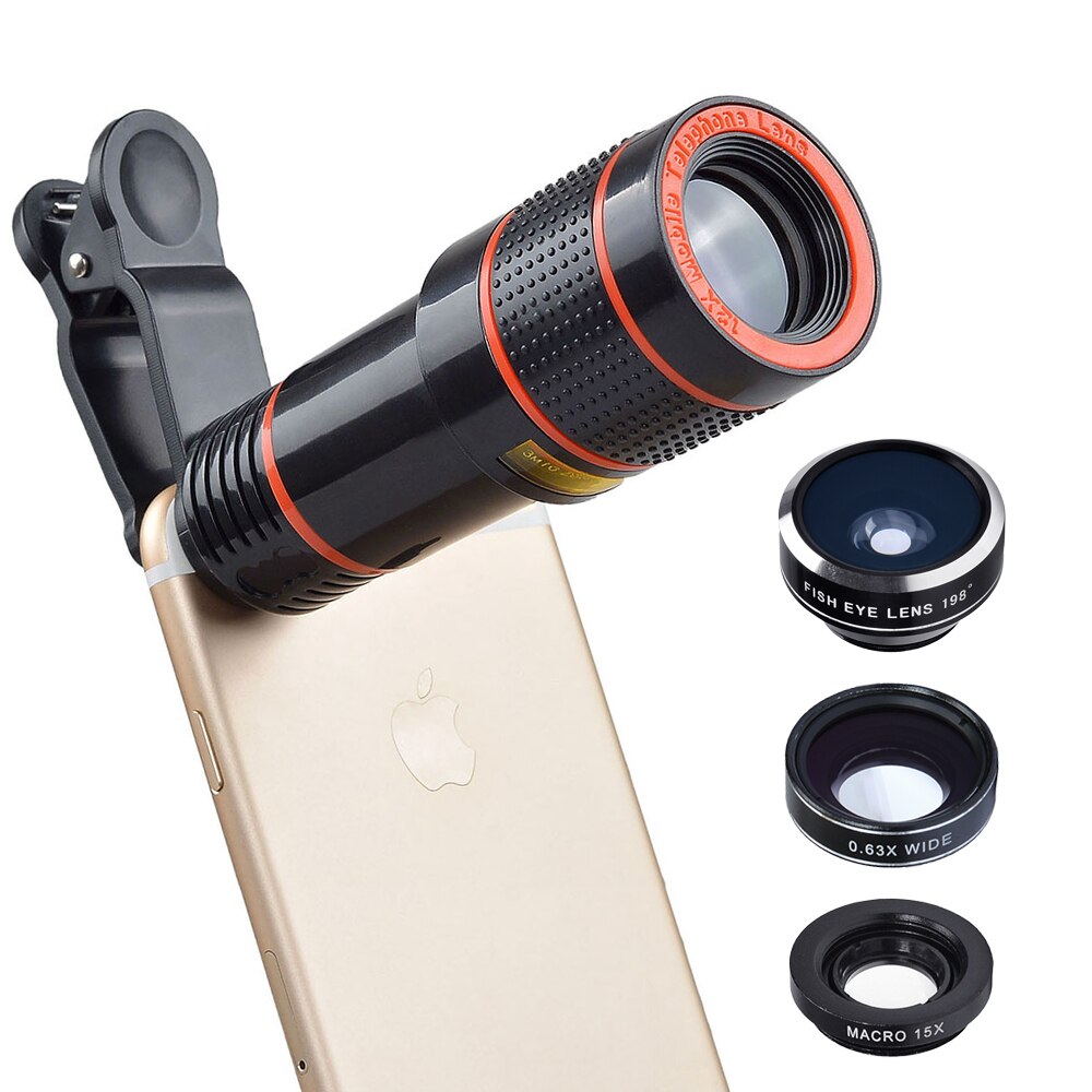 APEXEL 6 in 1 tripod 12X Zoom Telescope Fisheye Wide Angel Macro Lens Kit For All smartphone For iPhone Samsung Redmi Huawei
