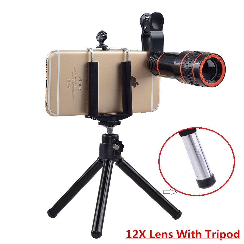 APEXEL 6 in 1 tripod 12X Zoom Telescope Fisheye Wide Angel Macro Lens Kit For All smartphone For iPhone Samsung Redmi Huawei