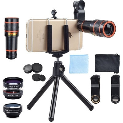 APEXEL 6 in 1 tripod 12X Zoom Telescope Fisheye Wide Angel Macro Lens Kit For All smartphone For iPhone Samsung Redmi Huawei