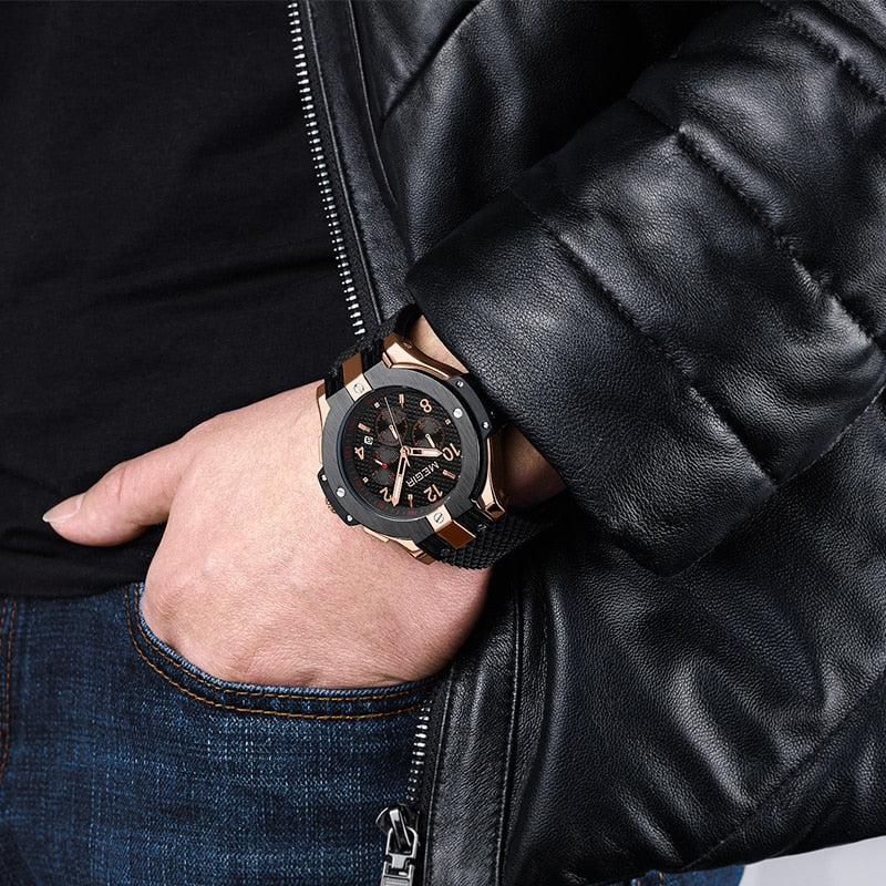 MEGIR Brand Men Watch Quartz Watch Gold Rubber Band 3ATM Water Resistant Chronograph Mens Quartz Wrist Watch
