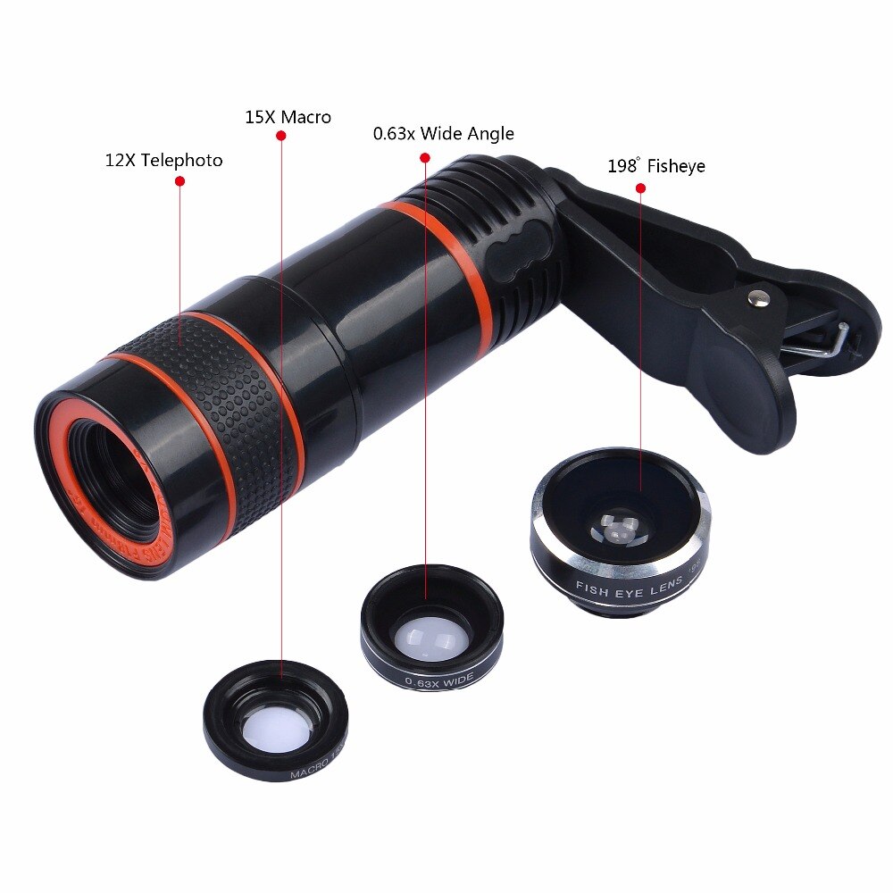 APEXEL 6 in 1 tripod 12X Zoom Telescope Fisheye Wide Angel Macro Lens Kit For All smartphone For iPhone Samsung Redmi Huawei