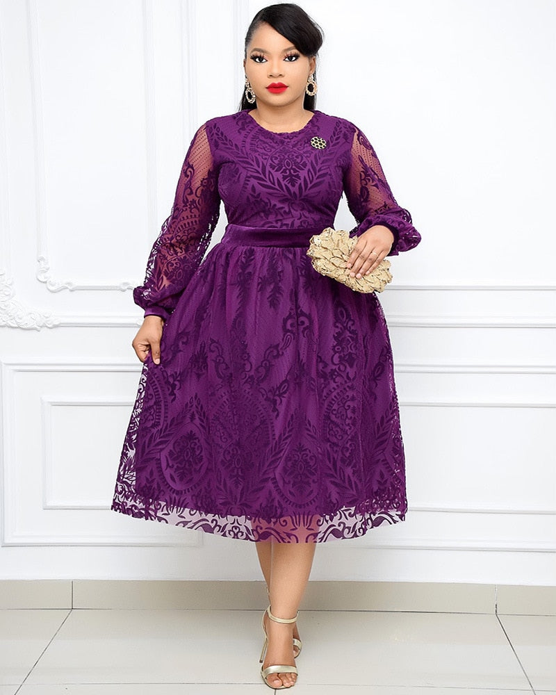 Women Classy Dress Long Sleeve Summer See Through Velvet Print Patchwork Retro Dress Vintage Plus Size Party Birthday Outfits