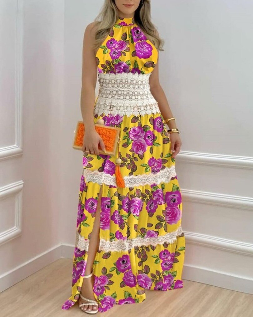 2022 African Dresses For Women Sexy Long Lace Maxi Dress Summer Slim Backless Elegant Fashion Print Swing Dress Africa Clothing